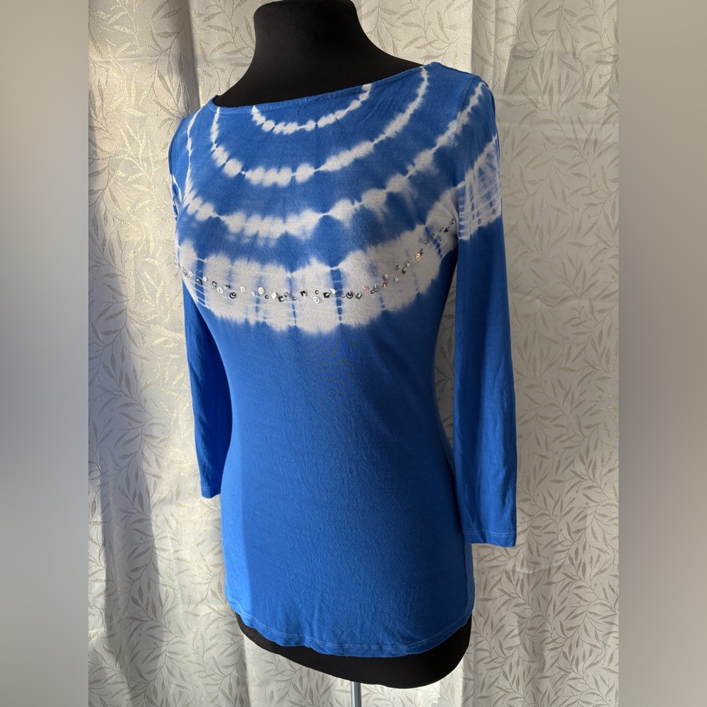 INC International Concepts Blue and White Tie-Dye Long Sleeve Top